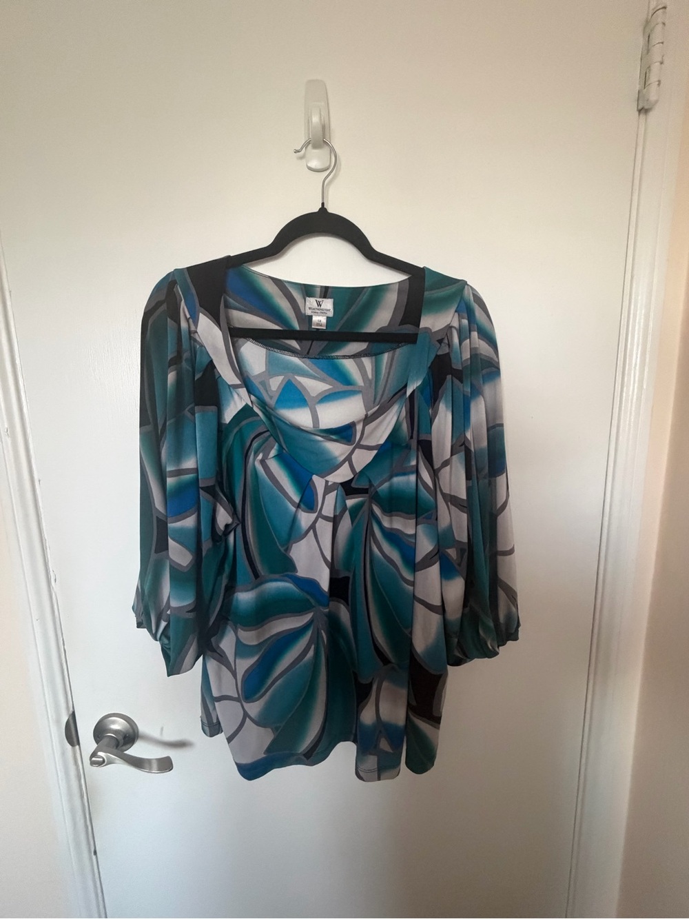 WORTHINGTON Womens Teal and Gray Abstract Print Blouse